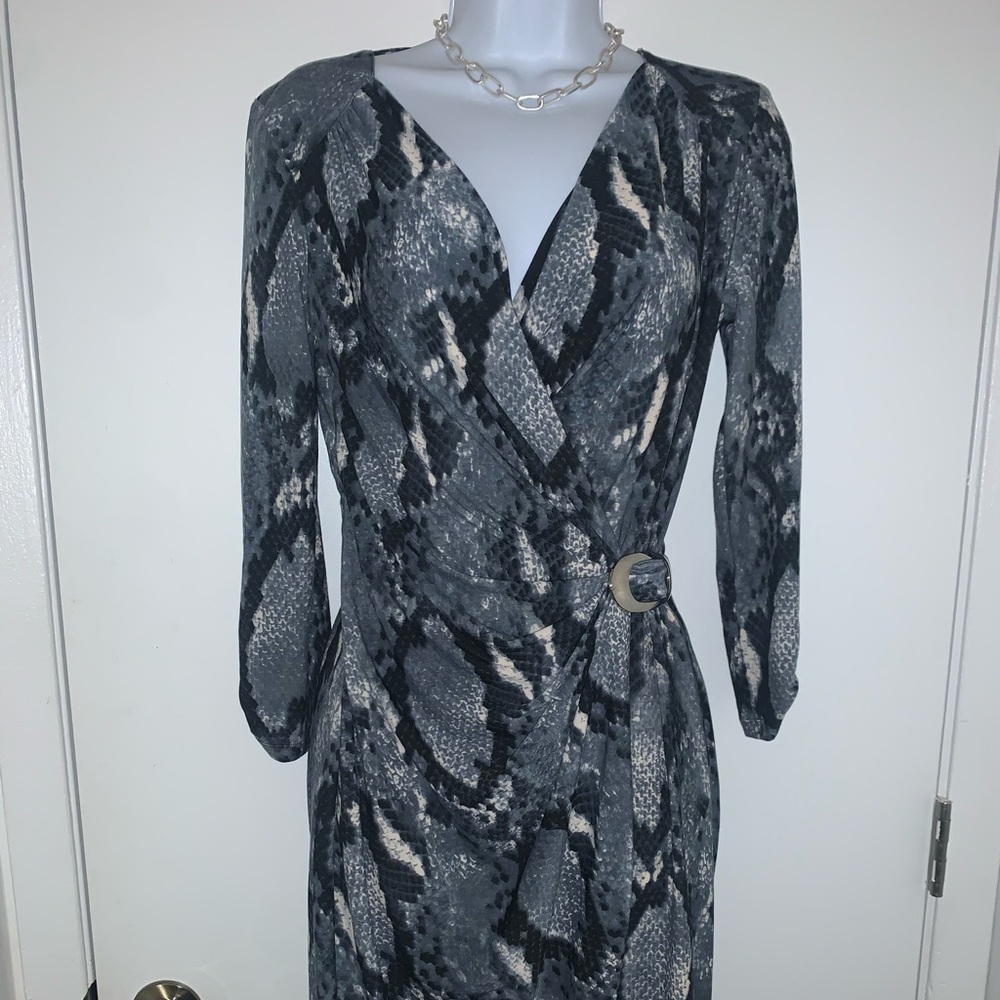 Caché faux-wrap dress, black/white/gray snake print. Size S.